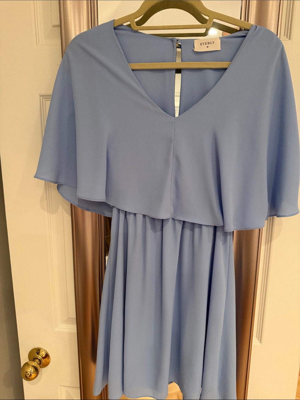 Everly Powder Blue Cape Sleeve Mini Dress. Lined